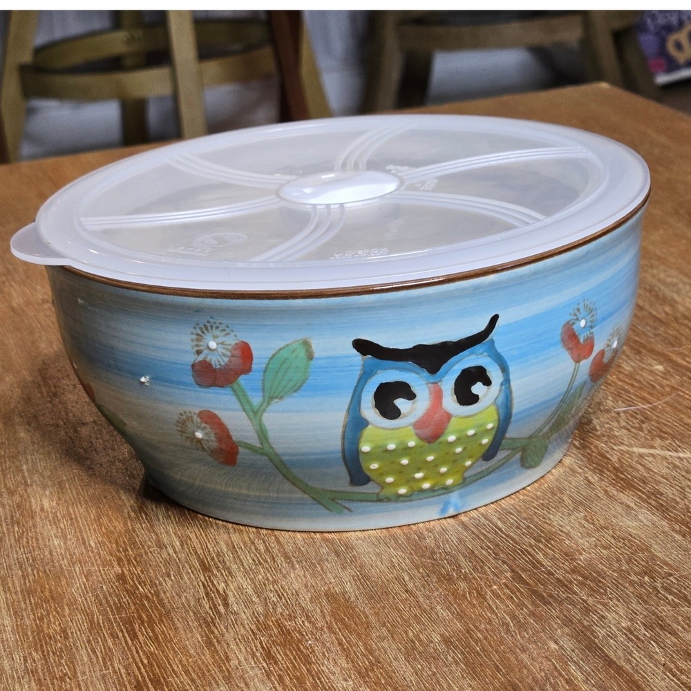 Royal Owl‎ Ceramic Storage Bowl Blue Vented Lid Hand Painted